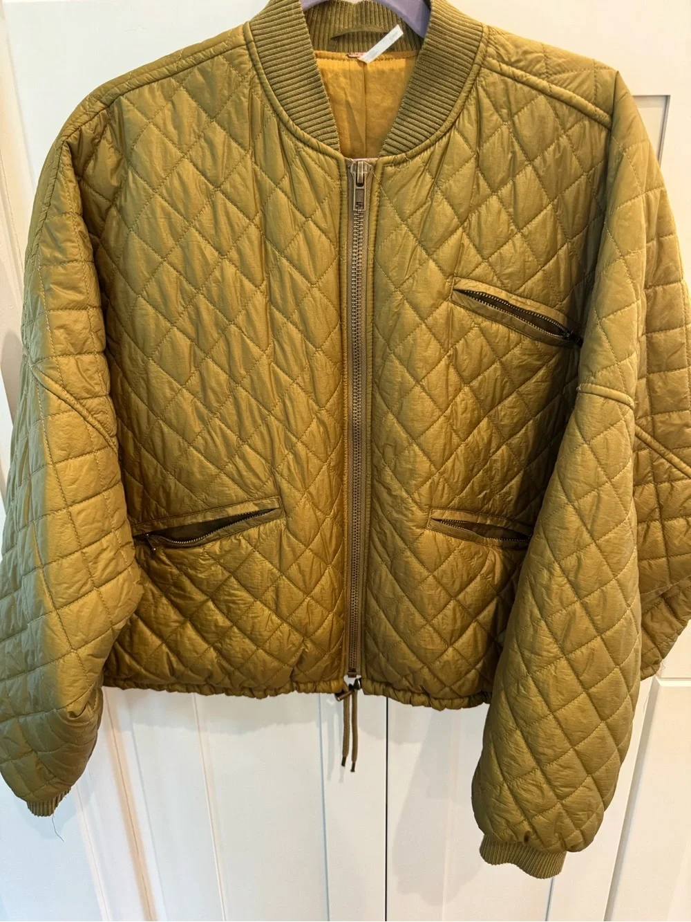 Free People Quilted Olive Green Bomber Jacket